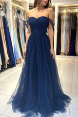 Elegant Long A-line Off the Shoulder Tulle Formal Prom Dresses