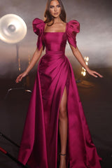 Square Neck Short Sleeve Draped Satin Mermaid Prom Dress with Slit