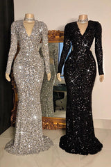 Mermaid Long Sleeves Sequins V-neck Prom Dresses with Sleeves