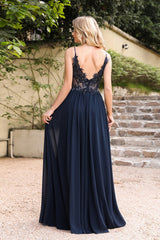 Long A-line V-neck Sleeveless Chiffon Lace Prom Dress with Appliques