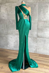 Simple High Neck Long Sleeve Appliques Lace Mermaid Prom Dress With Split