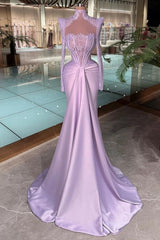 Purple Long Sleeves High Neck Lace Mermaid Prom Dress with Drape
