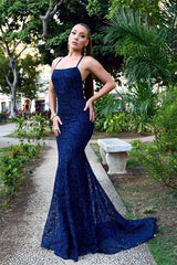 Dark Navy Long Mermaid Spaghetti Straps Backless Lace Prom Dresses