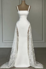 Spaghetti Straps Mermaid Satin Lace Long White Prom Dress