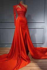 Elegant Long Mermaid One Shoulder Satin Prom Dress with Sleeves