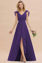 Simple High Low A-line V-Neck Ruffles Chiffon Regency Bridesmaid Dress