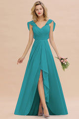 Simple High Low A-line V-Neck Ruffles Chiffon Jade Bridesmaid Dress