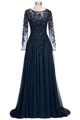 Long A-line Floor Length Tulle Lace Formal Evening Dresses with Sleeves