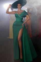 Long Mermaid One Shoulder Satin Prom Dresses with Slit