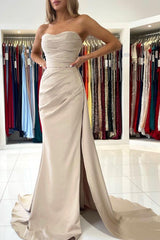 Long Mermaid Strapless Satin Prom Dress with Slit