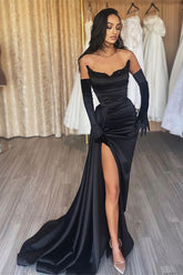 Black Long Mermaid Satin Sweetheart High Split Prom Dresses