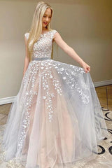 Long A-line Appliques Lace Tulle Backless Floor Length Prom Dress
