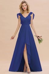 Simple High Low A-line V-Neck Ruffles Chiffon Royal Blue Bridesmaid Dress