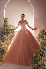 Long Sleeves Ball Gown Beads Appliques Lace Tulle Floor Length Prom Dress