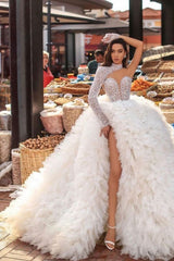 Sexy Long Ball Gown One Shoulder Feather Sequins Tulle Wedding Dress with Slit