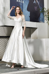Long A-line Sweetheart Satin Lace Wedding Dresses with Half Sleeves