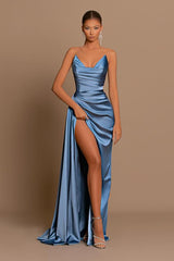 Dusty Blue Long Mermaid Sweetheart Sleeveless Prom Dress with Slit