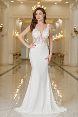 Beautiful White Long Mermaid Lace Appliques V-neck Backless Wedding Dresses