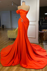 Long Satin Strapless One Shoulder Beaded Mermaid Prom Dress