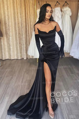 Black Long Mermaid Satin Sweetheart High Split Prom Dresses