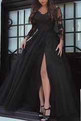 Black Long Sleeves A-line Sweetheart Tulle Lace Formal Prom Dresses with Slit