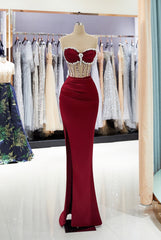 Burgundy Long Strapless Mermaid Prom Dress with Side Split