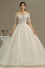 Elegant Long Appliques Beads Off the Shoulder Tassel Ball Gown Wedding Dress