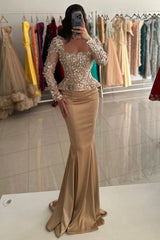 Champagne Long Sleeves Mermaid Formal Dress with Lace Appliques