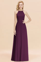 Elegant Long A-line Halter Chiffon Grape Bridesmaid Dress