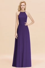 Elegant Long A-line Halter Chiffon Regency Bridesmaid Dress