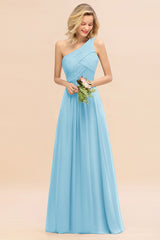 Elegant Sky Blue A-line Chiffon Ruffles One Shoulder Long Bridesmaid Dress