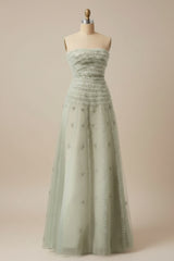 Sage Green Strapless A-line Prom Dress with Appliques