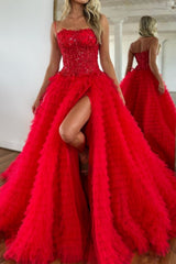 Red Long A-line Strapless Tulle Prom Dress with Front Slit