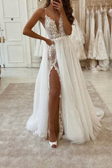 Long A-line V-neck Spaghetti Strap Tulle Chiffon Wedding Dresses with Slit