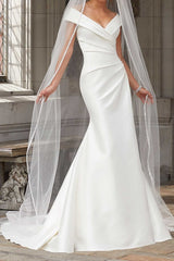 Long Mermaid Off the Shoulder Satin White Wedding Dresses