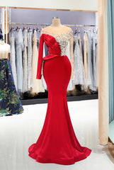 Long Red Mermaid Jewel Neck Satin Beading Prom Dress with Sleeves