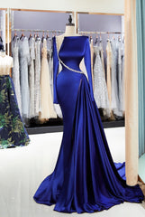Long Sleeve Satin Beaded Mermaid Prom Dress with Panel Train