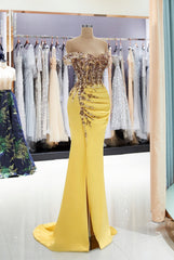 Mermaid Strapless Off the Shoulder Satin Beading Long Prom Dress with Split