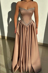 Sleeveless Strapless A-line Long Prom Dress with Rhinestones