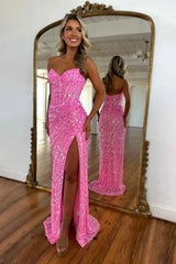 Sparkly Gold Sweetheart Long Mermaid Sequined Prom Dress with Slit