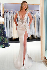 V-Neck Mermaid Long Satin Beaded Formal Dress with Split Front