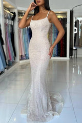 White Spaghetti Straps Sequined Mermaid Evening Dress