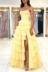 Yellow Strapless High Slit A-line Prom Dress with Ruffles