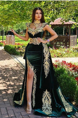 Long Mermaid Dark Green Velvet Formal Evening Dresses with Gold Lace appliques