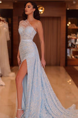 Mermaid Tulle Long One shoulder Floor Length Prom Dress with Split Front