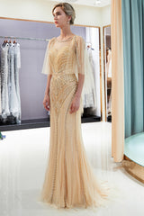 Chic Long Jewel Tulle Mermaid Backless Evening Formal Dresses with Sleeves