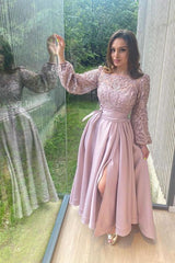 Elegant A-line Front Slit Satin Formal Party Dress with Sleeves