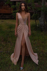 Long Mermaid V-neck Beading Floor Length Ruffles Prom Dress With Slit