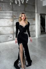Black Long Sleeves Mermaid Sweetheart Velvet Formal Evening Dresses with Slit