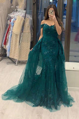 Mermaid Off the Shoulder Floor Length Tulle Appliques Lace Prom Dress